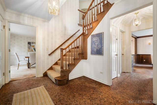 1408 N W St, Naperville, IL 60563 - staircase with an inviting chandelier, wallpapered walls, carpet floors, crown molding, and baseboards