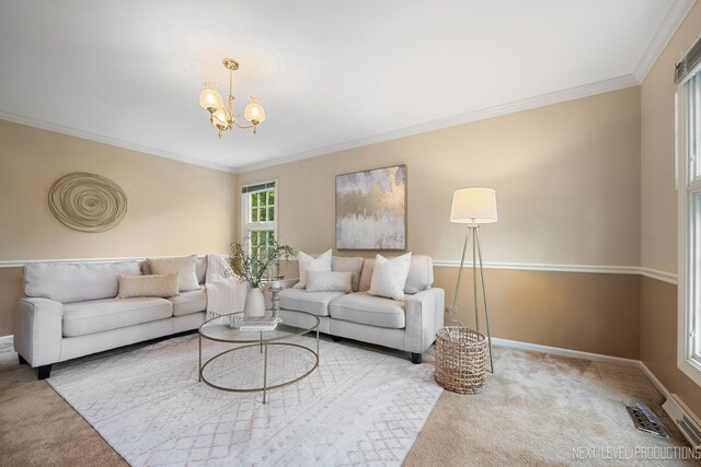 1408 N W St, Naperville, IL 60563 - living room with baseboards, ornamental molding, carpet flooring, visible vents, and a chandelier