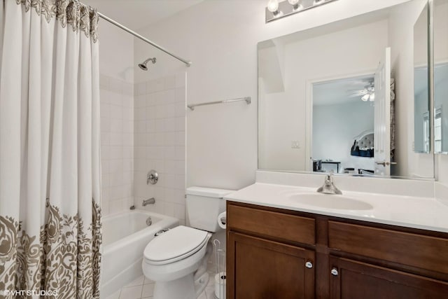 bathroom with tile patterned flooring, connected bathroom, toilet, shower / bath combination with curtain, and vanity