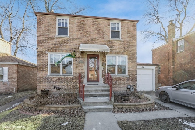 view of front facade featuring a garage, brick siding, and driveway