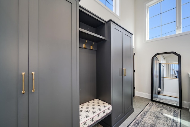 mudroom featuring a healthy amount of sunlight, baseboards, and a towering ceiling