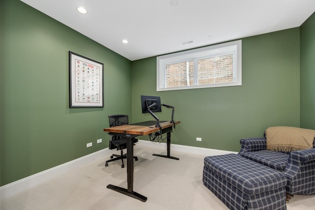 office featuring visible vents, carpet flooring, recessed lighting, and baseboards