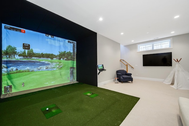 rec room featuring recessed lighting, baseboards, golf simulator, and carpet flooring