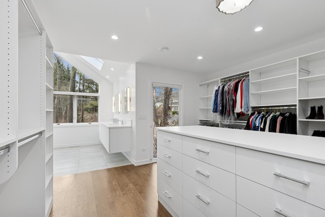 walk in closet featuring wood finished floors, a skylight, and a sink