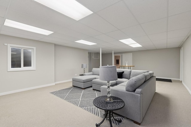living area with baseboards, carpet, and a drop ceiling