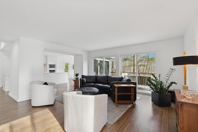 living area featuring baseboards and hardwood / wood-style floors