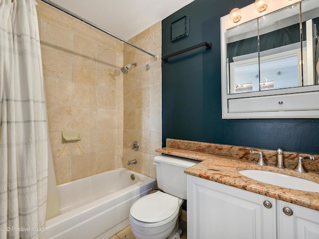 full bath featuring toilet, vanity, and shower / bathtub combination with curtain