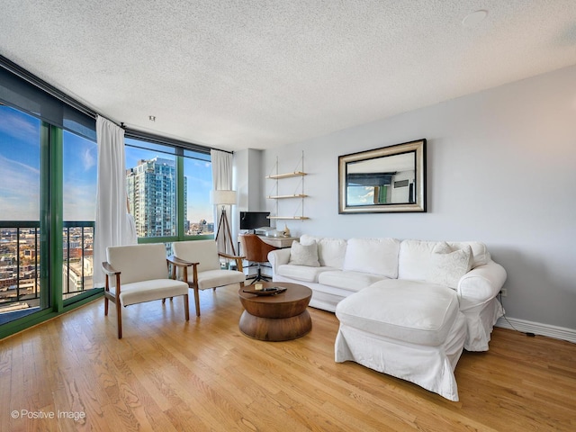 living area with a textured ceiling, wood finished floors, baseboards, and expansive windows