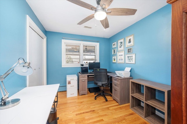 office area with visible vents, light wood-type flooring, and a ceiling fan