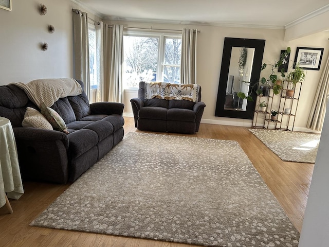 living room featuring crown molding, wood finished floors, and baseboards