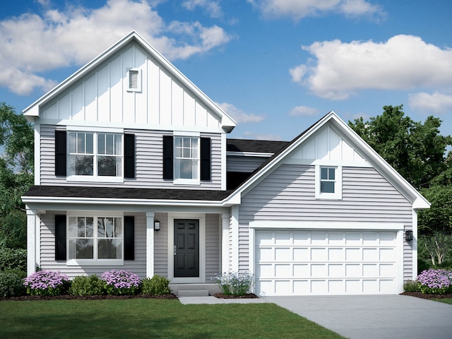 view of front of house featuring board and batten siding, concrete driveway, a front yard, a shingled roof, and a garage