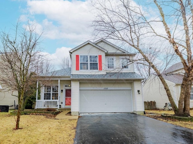 view of front of house with aphalt driveway, a porch, a garage, and a shingled roof