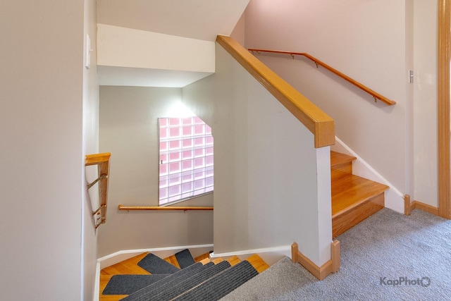 stairway with carpet flooring and baseboards