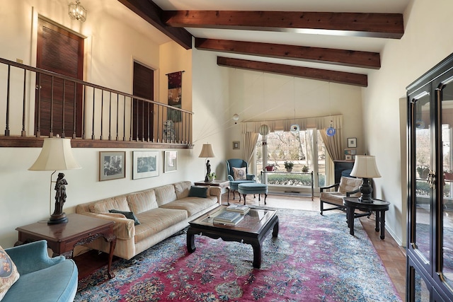 living room featuring beamed ceiling, baseboards, and high vaulted ceiling