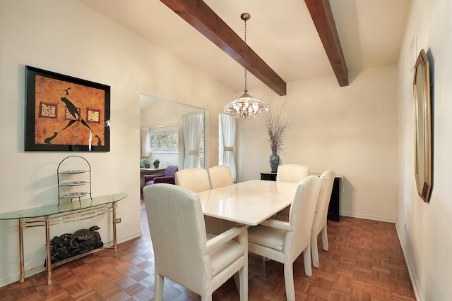 dining room with beamed ceiling, baseboards, and an inviting chandelier