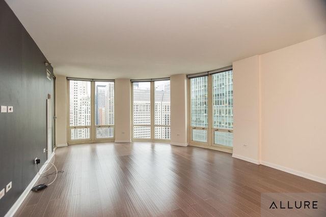 empty room featuring floor to ceiling windows, wood finished floors, and baseboards