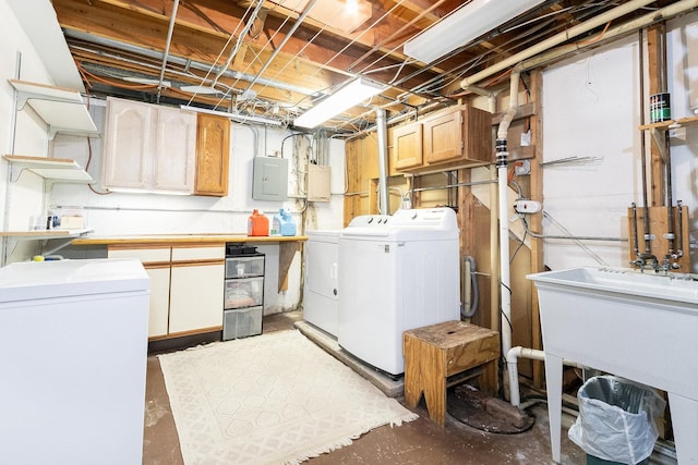 unfinished below grade area featuring electric panel, separate washer and dryer, and refrigerator