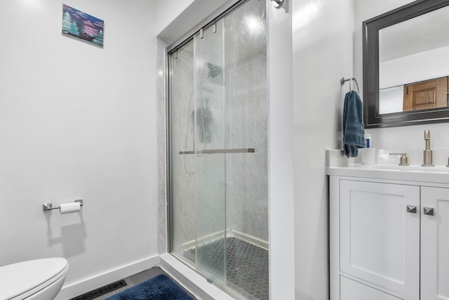 bathroom with visible vents, baseboards, toilet, a stall shower, and vanity