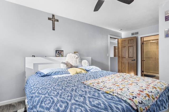 carpeted bedroom with baseboards, visible vents, and ceiling fan