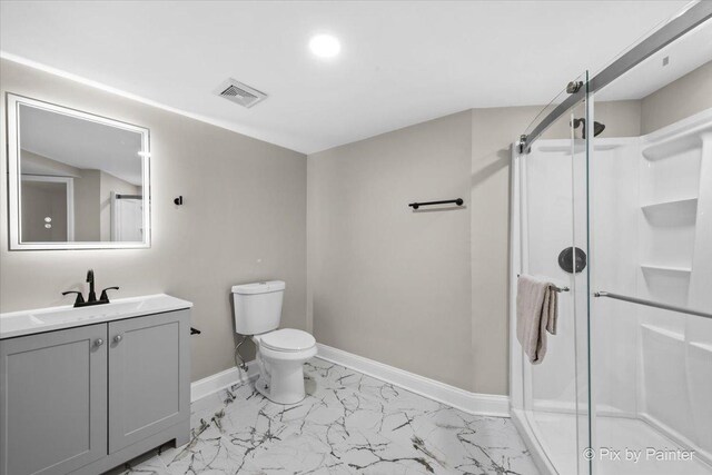 full bathroom featuring visible vents, baseboards, marble finish floor, and a stall shower