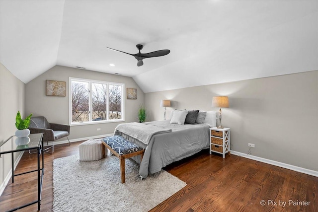 bedroom with baseboards, wood finished floors, a ceiling fan, and vaulted ceiling