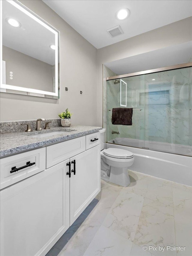 full bath with visible vents, toilet, enclosed tub / shower combo, marble finish floor, and vanity