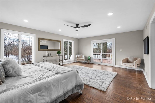 bedroom featuring access to outside, wood finished floors, recessed lighting, baseboards, and ceiling fan