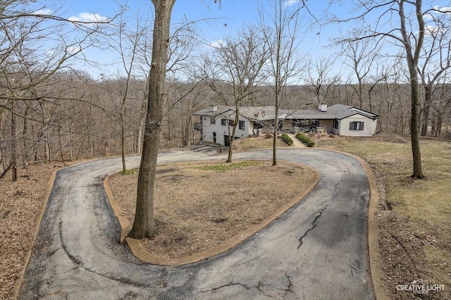 view of front facade featuring a chimney and curved driveway