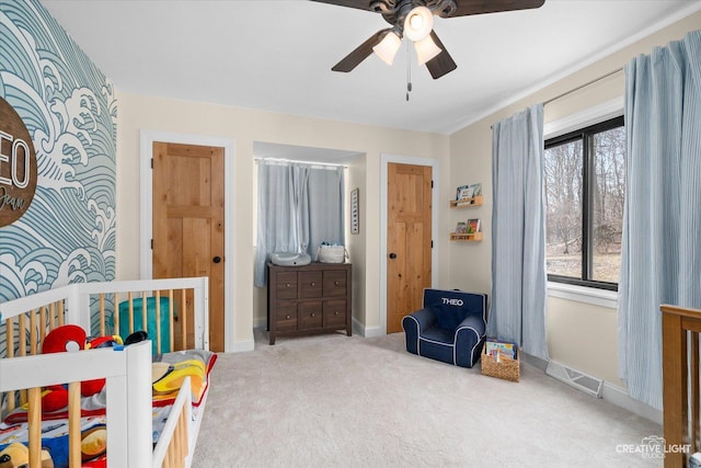 bedroom featuring visible vents, ceiling fan, baseboards, and carpet