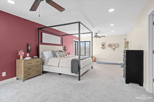 bedroom with recessed lighting, ceiling fan, baseboards, and carpet floors