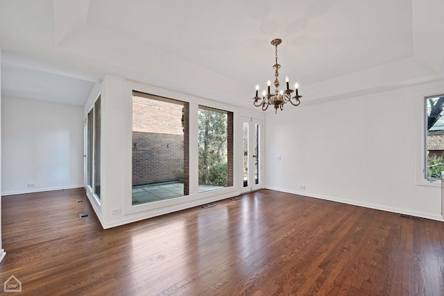 empty room featuring dark wood-style floors, a healthy amount of sunlight, and a raised ceiling