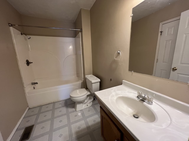 bathroom featuring vanity, visible vents, shower / tub combination, tile patterned floors, and toilet