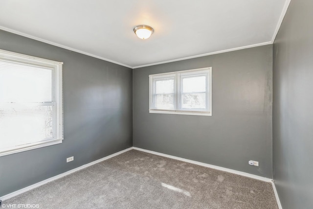 carpeted spare room featuring baseboards and ornamental molding