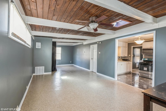 unfurnished living room featuring visible vents, baseboards, wood ceiling, beam ceiling, and a ceiling fan