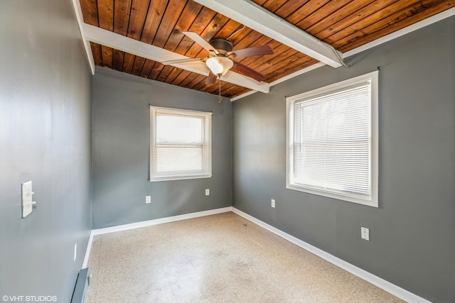 unfurnished room with tile patterned floors, beam ceiling, a ceiling fan, wooden ceiling, and baseboards