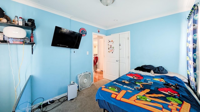 bedroom featuring carpet flooring and ornamental molding