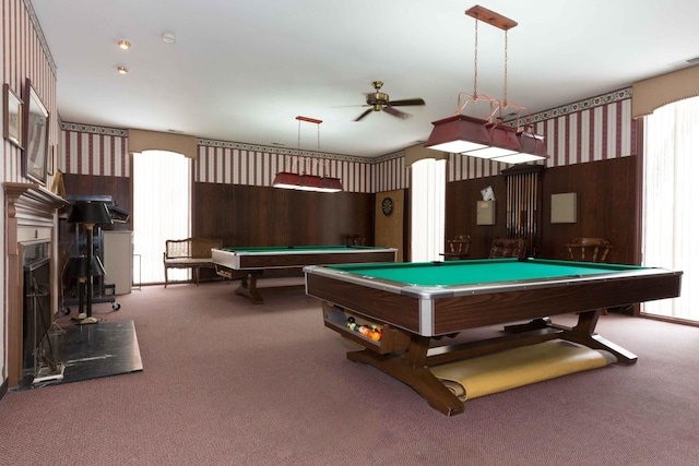 recreation room featuring pool table, carpet flooring, and a ceiling fan