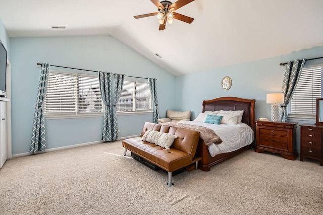 bedroom with visible vents, ceiling fan, baseboards, vaulted ceiling, and carpet floors