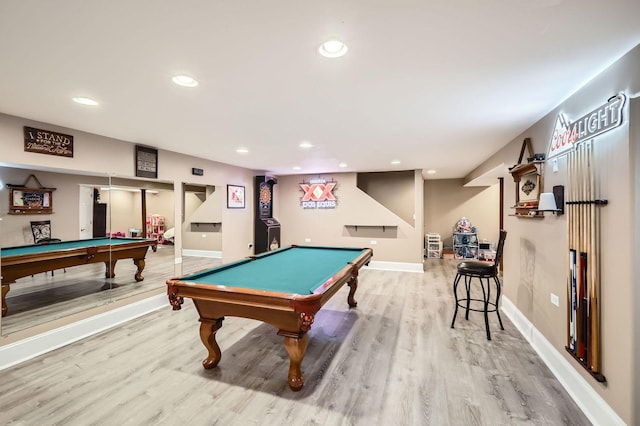 rec room featuring recessed lighting, wood finished floors, and pool table