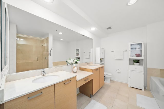 full bath with visible vents, a garden tub, recessed lighting, a shower stall, and vanity