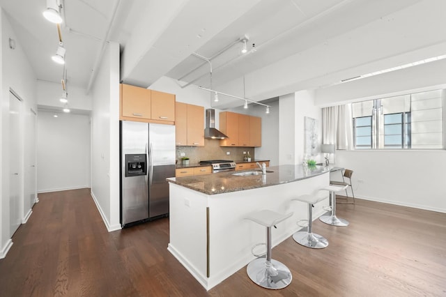 kitchen with dark wood-style floors, a sink, appliances with stainless steel finishes, wall chimney exhaust hood, and backsplash