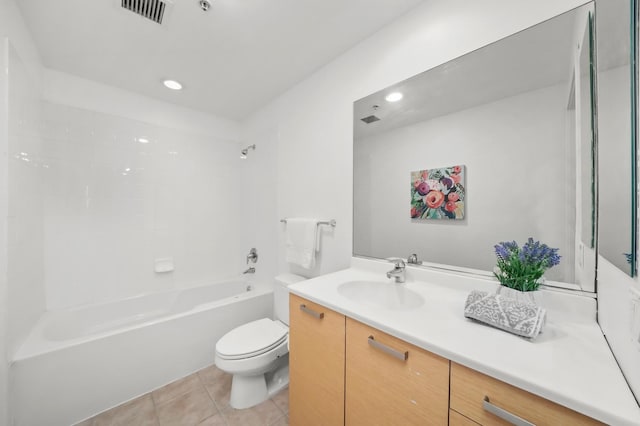 full bath featuring vanity, visible vents, shower / tub combination, tile patterned floors, and toilet