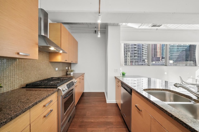 kitchen with a sink, stainless steel appliances, wall chimney exhaust hood, decorative backsplash, and dark wood-style flooring