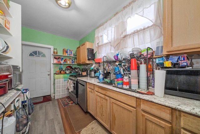 8325 S Dante Ave, Chicago, IL 60619 - kitchen featuring open shelves, stainless steel appliances, wood finished floors, and a sink