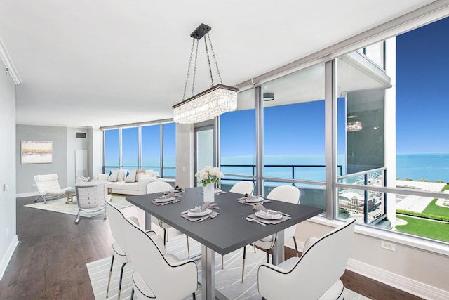 dining space featuring wood finished floors, a water view, and baseboards