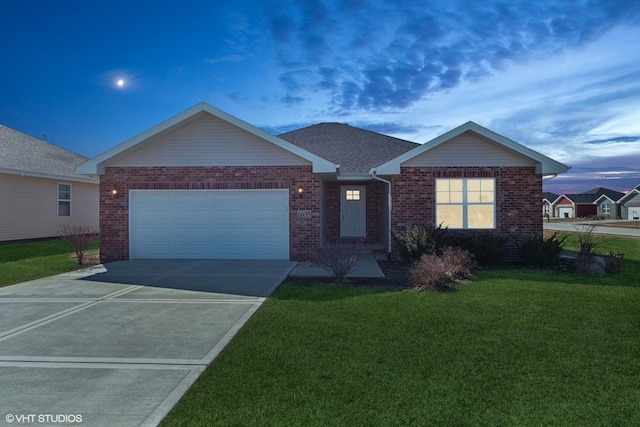 ranch-style home with brick siding, a shingled roof, a front lawn, concrete driveway, and a garage