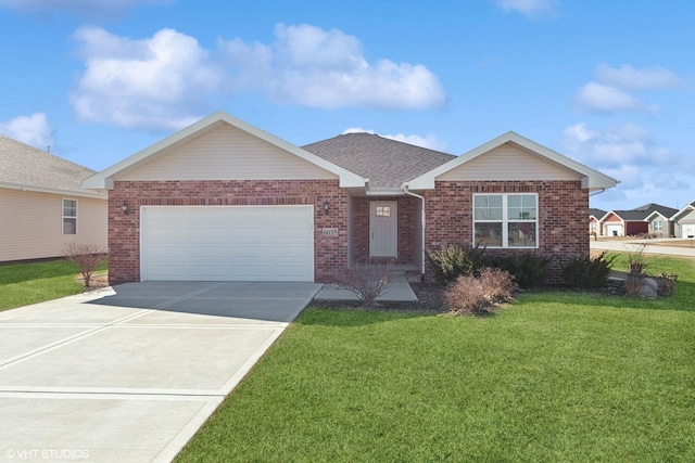 single story home with driveway, a shingled roof, a front yard, an attached garage, and brick siding