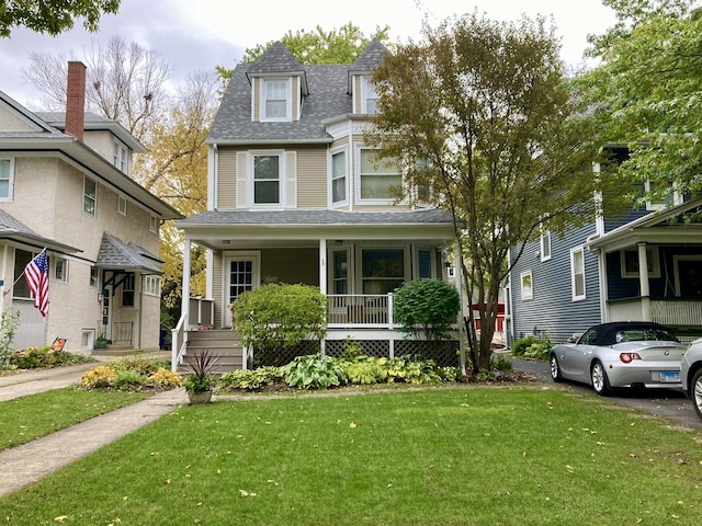 view of front of house featuring a porch, a front lawn, and a shingled roof