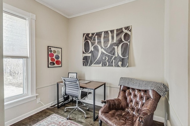 home office featuring baseboards, ornamental molding, and parquet flooring