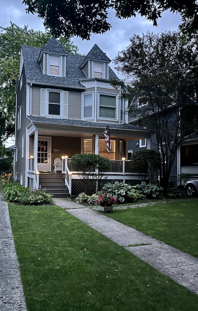 traditional style home featuring covered porch, a front lawn, and a shingled roof